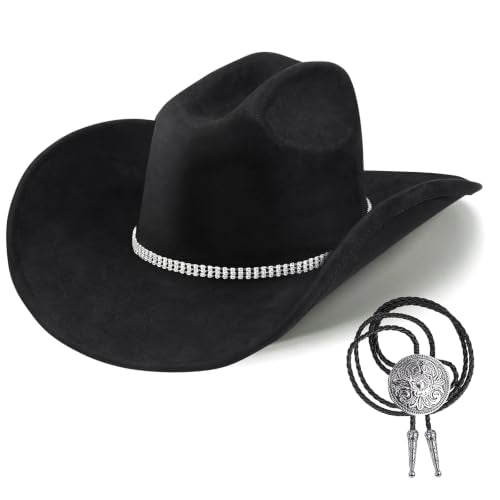 Western Cowboy Hat for Men Women,Shapeable Wide Brim Felt Fedora Classic Cowgirl Hats for Cowboys and Cowgirls,with bolo tie - color: Black-e, size: Large-X-Large
