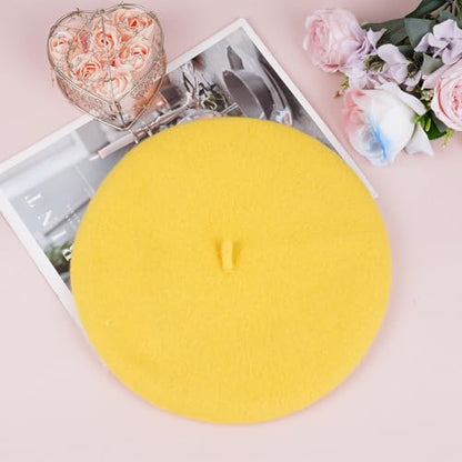 1Pcs French Beret Hats Solid Classic Beret Beanie Hats for Women Teens - color: Yellow