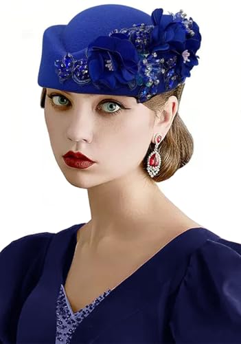 Women's Retro British Felt Headscarf Hat Church Derby Headdress with Floral Women's Soft Beret - color: Royal Blue
