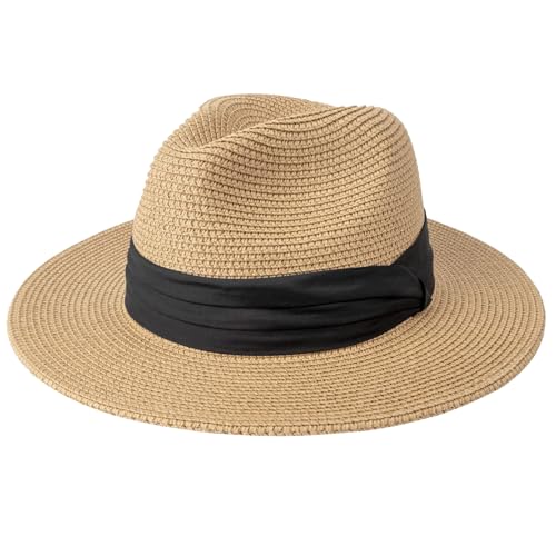 AQOKKA Summer Straw Fedora Hat for Women Men Travel Panama Hat with Wide Brim Roll Up Sun Hat for Beach Outdoor UPF 50+ - color: Khaki: 1 Pack