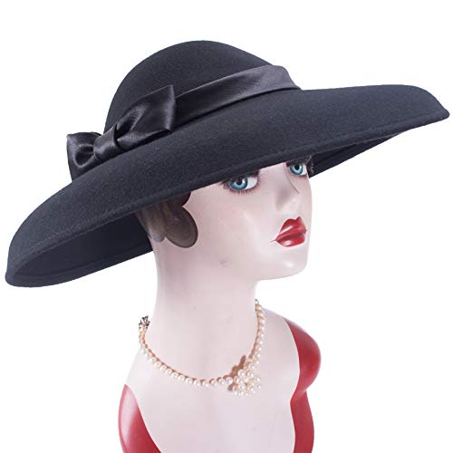 Lawliet Womens Vintage Black Wool Felt Floppy Wide Brim Dress Church Bridal Hat A508