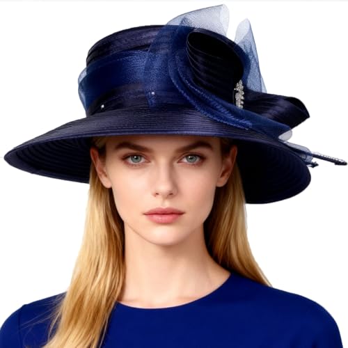 Wedding Bridal Church Party Derby Hats for Women Bow Formal Bowler Hat Wide Brim Fascinator Flat Top Fedora Hats - color: Navy Blue