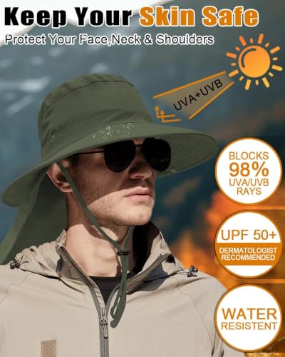 Outdoor Sun Hats with Stowable Neck Flap for Men Women UPF 50+ Mesh Summer Bucket Hat Wide Brim for Fishing Safari Hiking - color: Army Green
