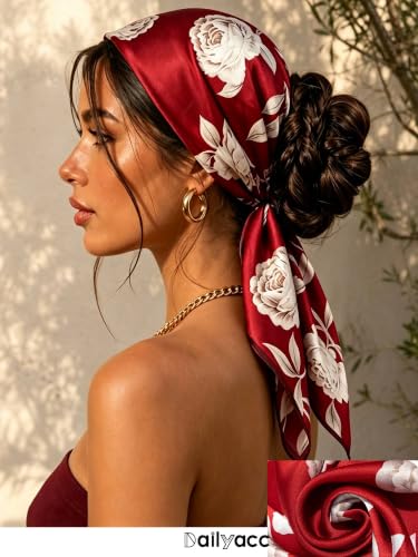 Dailyacc Hair Bandanas Scarf For Women Lightweight Fashion Neck Silk Satin Head Scarves For Sleeping Handbags Scarf - color: 1-red Peony/27.5*27.5in