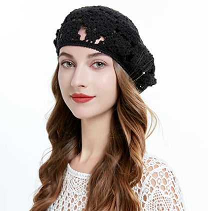 ZLYC Women Cotton Slouchy Crochet Beret Handmade Cutout Floral Beanie Hat - color: Floral Black