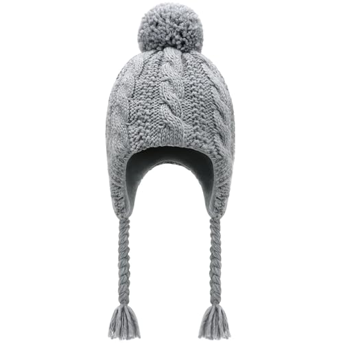 Winter Peruvian Hat Earflap Fleece Lined Girls Knit Beanie 3-10T - color: 1c-grey, size: 3-5T