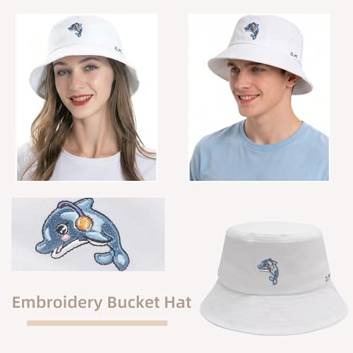 ZLYC Cotton Bucket Hat for Women Men Embroidered Packable Summer Sun Cap - color: Dolphin White