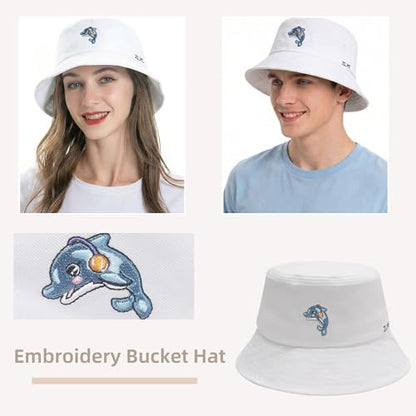 ZLYC Cotton Bucket Hat for Women Men Embroidered Packable Summer Sun Cap - color: Dolphin White