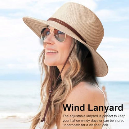 DRESHOW Womens Summer Straw Sun Hat Wide Brim Bucket Hats Fedora Hat Panama Beach Hat with Chin Strap UPF 50+ - color: 1 Pack Panama Hat: Tan