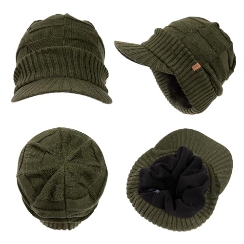 TOP-EX DryKnit™ Waterproof L/XL/XXL Fleece Lined Merino Wool Blend Beanie with Brim Visor Cap Warm Winter Hat for Men Women - color: Olive(ranger), size: X-Large-XX-Large