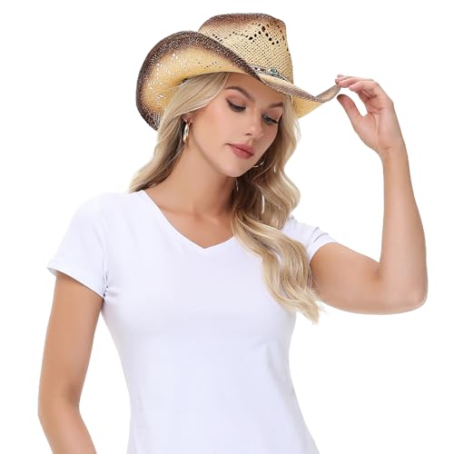 WQWOVRVO Cowboy Hat,Cowgirl Hat,Cowboy Hats for Women/Mens/Straw Wide with Shapeable Brim Western Cowboy Hat for Womens - color: Tawny & Coffee Color
