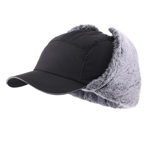 Home Prefer Waterproof Mens Faux Fur Trooper Trapper Hat Hunting Warm Winter Hat with Ear Flaps Visor Face Mask - color: Black
