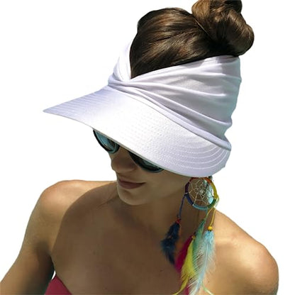 Sun Hat Women Beach Visor Cap UV Protection with Wide Brim Packable Summer Sport Ponytail Sun Cap - color: White