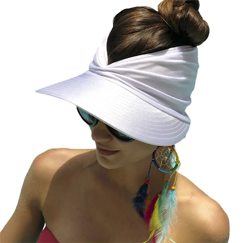 Sun Hat Women Beach Visor Cap UV Protection with Wide Brim Packable Summer Sport Ponytail Sun Cap - color: White