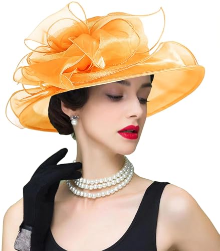Women's Kentucky Derby Church Dress Hat Wide Brim Leaf Flower Bridal Shower Hat - color: S8 Orange