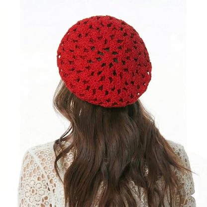 ZLYC Women Cotton Slouchy Crochet Beret Handmade Cutout Floral Beanie Hat - color: Red