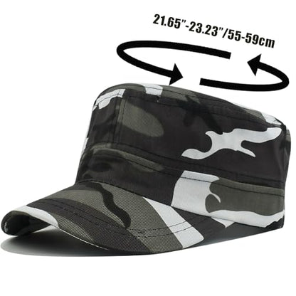 Cadet Army Cap for Men Women Military Adjustable Unisex Flat Top Hat - color: Camo White