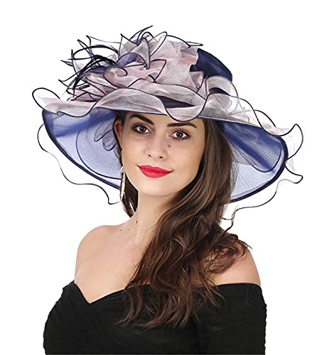 SAFERIN Women's Organza Church Fascinator Bridal Tea Party Wedding Hat - color: 2867-navy and Pink