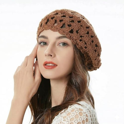 ZLYC Women Cotton Slouchy Crochet Beret Handmade Cutout Floral Beanie Hat - color: Khaki