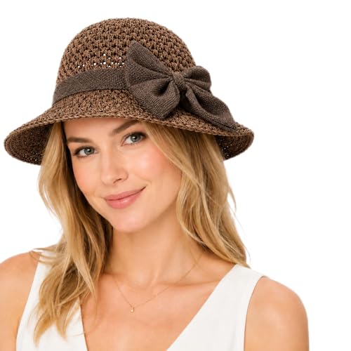 Straw Sun Hat for Women, Foldable Wide Brim Straw Bucket Hats with Adjustable Drawstring & Bow - color: Khaki