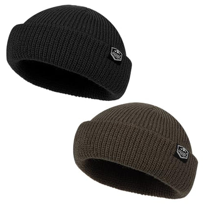 Fisherman Beanie Roll-up Edge Trawler Beanie Skullcap Watch Hat Knit Short Cap - color: Black+tan