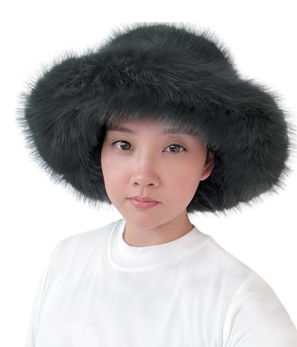 Lina & Lily Oversized Winter Faux Fur Bucket Hat for Women - Long Pile Fur Wide Moldable Brim - color: Dark Green