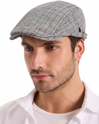 ZLYC Men Cotton Flat Cap Summer Scally Newsboy Beret Driver Hat - color: Plaid Gray