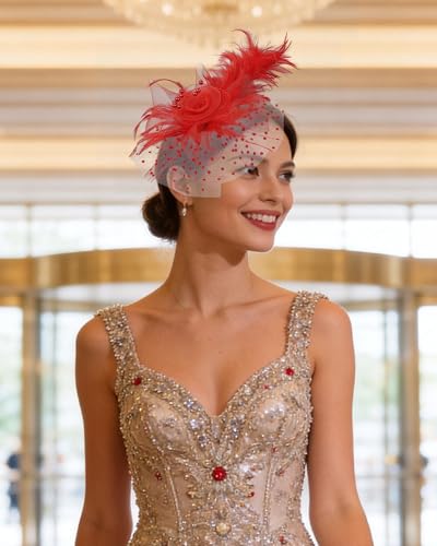 Zinniday Victoria Fascinators Hats for Women - 2026 Kentucky Feather Mesh Derby Hat 1920s Tea Party Headwear for Church - color: Red