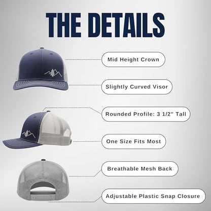 LINDO Trucker Hat [ Great Outdoors Design ] for Men and Women: Mid Profile Cap with Breathable Mesh Back and Adjustable Snap - color: Blue