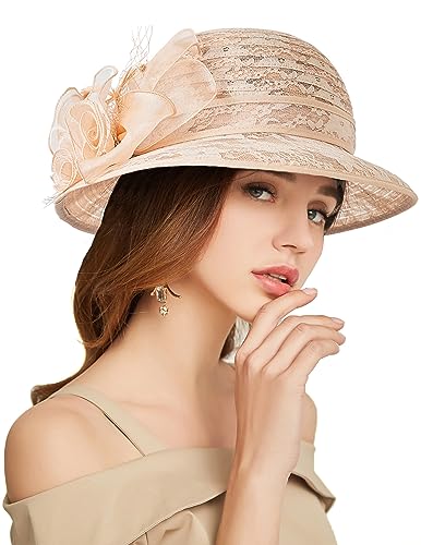 Women's Kentucky Derby Church Dress Hat Wide Brim Leaf Flower Bridal Shower Hat - color: R3 Lightbrown