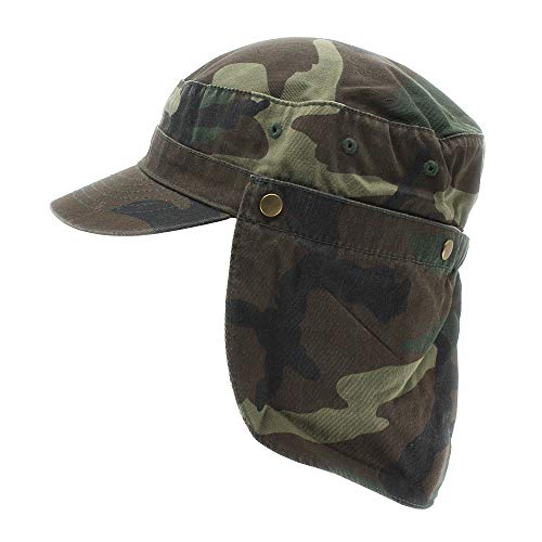 The Vintage Year Heavy Stitch Washed Cotton Cadet Hat Military Army Cap - color: Woodland Camo Removable Flap, size: One Size