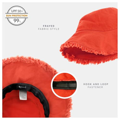 CHOK.LIDS Frayed Bucket Hat Washed Cotton Floppy Wide Brim Boonie Cap - color: Coral