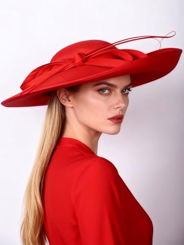 Big Wide Brim Fascinator Hats for Women Ladies Kentucky Tea Party Dress Flat Top Fedoras Hat with Bow Feather - color: Red