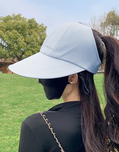 Sun Hats for Women Outdoor Wide Brim UV Protection Hollow Top Summer Beach Packable Visor with Ponytail-Hole - color: Blue