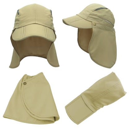 Hat with Neck Protection Detachable Multi-Purpose Summer Sun Hat Sun Protection Breathable Quick Dry UV Protection - color: Khaki, size: Large