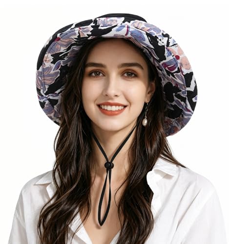 Womens Foldable Shapeable Brim Sun Hat UPF 50+ Cotton Wide Brim Beach Adjustable Chin Strap Hat Sun Protection Cap - color: Z5-black