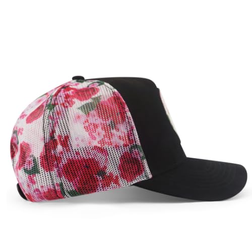 Urban Effort Trucker Hat for Men & Women, Mesh Back Baseball Cap, 5 Panel - color: Black + Flower Patch, style: Mesh Back