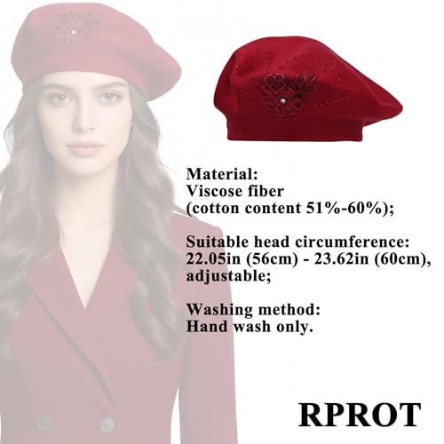French Style Flower Embroidery Beret - Soft Knitted Solid Color Hat for Women & Girls Accessory, 22-23.6in