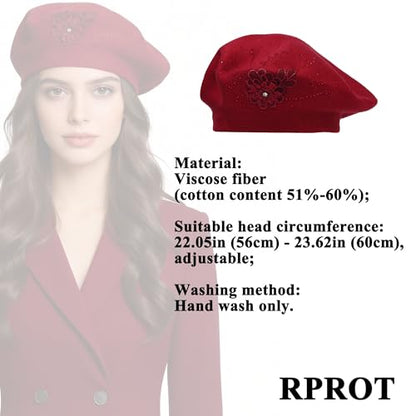 French Style Flower Embroidery Beret - Soft Knitted Solid Color Hat for Women & Girls Accessory, 22-23.6in