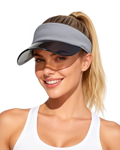 Transparent Sun Visor Hat for Women Men - UPF 50+ Clear Brim Adjustable Drawstring for Golf Tennis Pickleball - color: Grey
