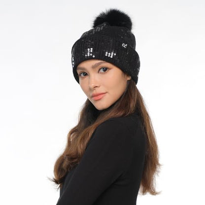 C.C Sequin Pom Beanie for Women - Acrylic Stretchable Soft Warm Knit Winter Skully Hat with Yarn Pom - color: Clear Sequin-black