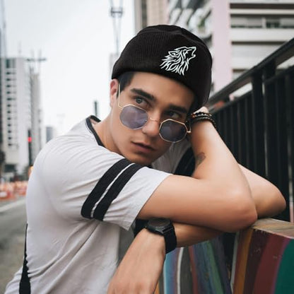 Black Beanie Hat for Men Women Embroidered Knit Winter Beanies Cap - color: Wolf