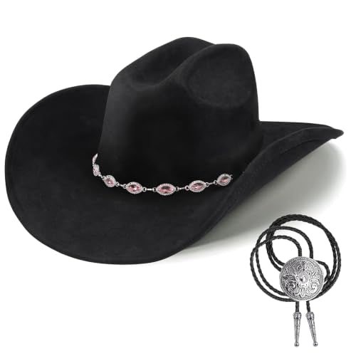 Western Cowboy Hat for Men Women,Shapeable Wide Brim Felt Fedora Classic Cowgirl Hats for Cowboys and Cowgirls,with bolo tie - color: Black-g, size: Large-X-Large