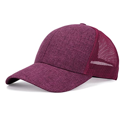 Blank Mesh Back Trucker Hat for Men and Women, Unisex Adjustable Snapback Baseball Cap, Adult Plain Classics Retro Hat - color: Wine