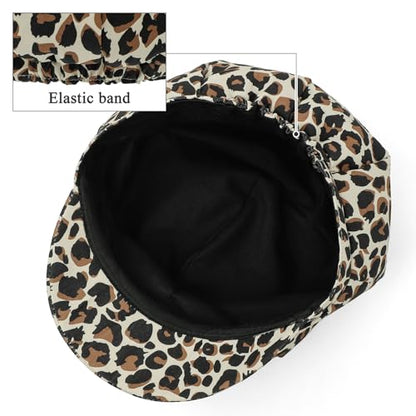Newsboy Cabbie Baker boy hat Beret Cap for Women Pageboy Visor Paperboy Hat Sailor Fiddler Hat Adjustable - color: Leopard Beige