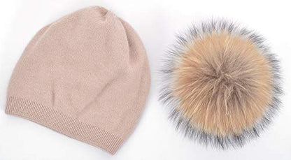 Women's Winter Double Layer Slouchy Beanie with Genuine Raccoon Fur Pom Pom - color: Dusty Pink