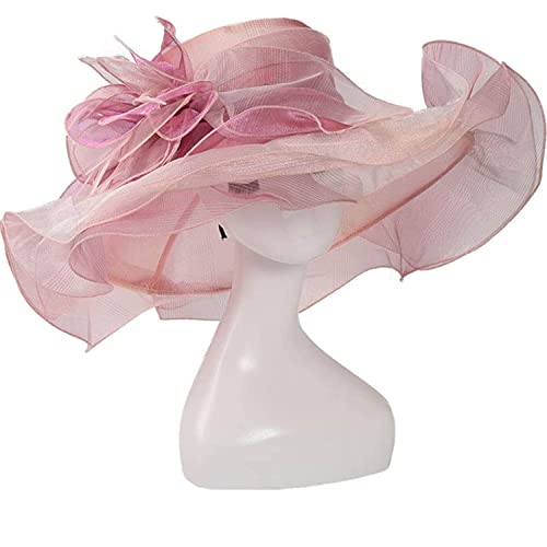 Women Oganza Sun Hat Church Wide Brim Wedding Formal Fascinator Hat - color: Gradient Pink(not a Vibrant Pink, It is More Pale)
