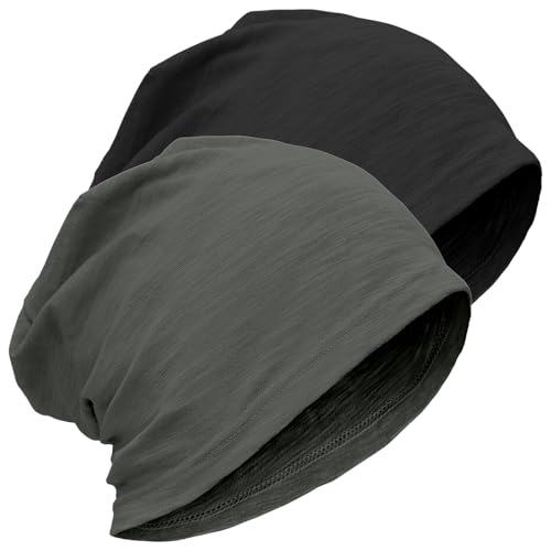 ROYBENS Lightweight 100% Cotton Slouchy Summer Beanie Men Women, Chemo Cap - color: 2pcs Black + Dark Grey, size: Medium