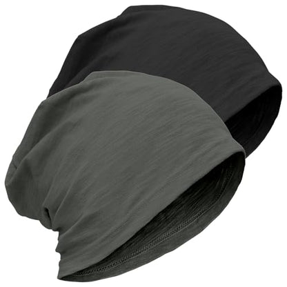 ROYBENS Lightweight 100% Cotton Slouchy Summer Beanie Men Women, Chemo Cap - color: 2pcs Black + Dark Grey, size: Medium