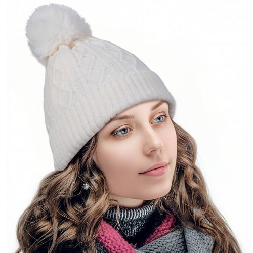Pom Pom Beanie for Women & Girls, Warm Knit Winter Hat - color: White